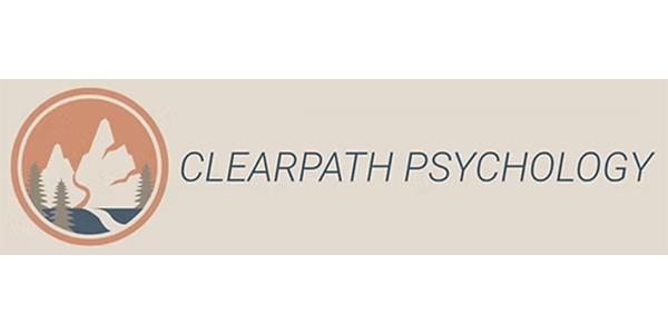 A logo for clearpath psychology with a mountain and trees in a circle.