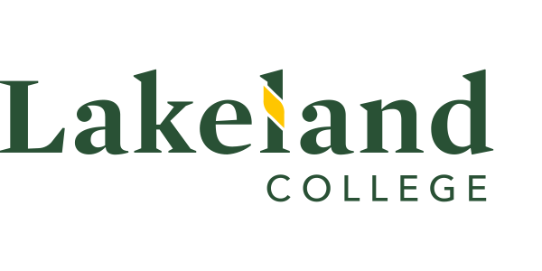 The lakeland college logo is green and white with a yellow arrow.