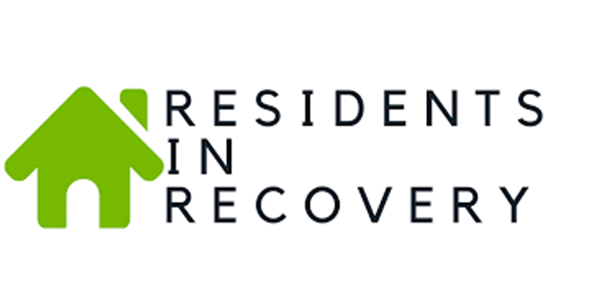 A logo for residents in recovery with a green house