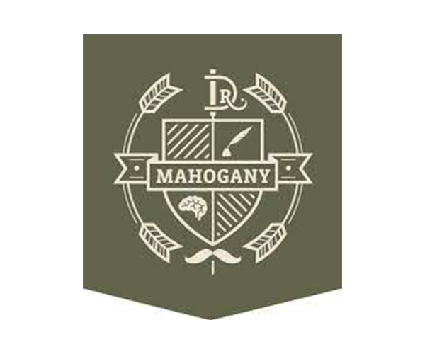 A mahogany logo with a shield and arrows