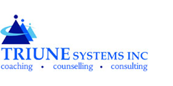 A blue and white logo for triune systems inc