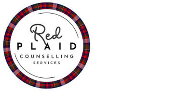 The logo for red plaid counseling services is a circle with a plaid pattern.