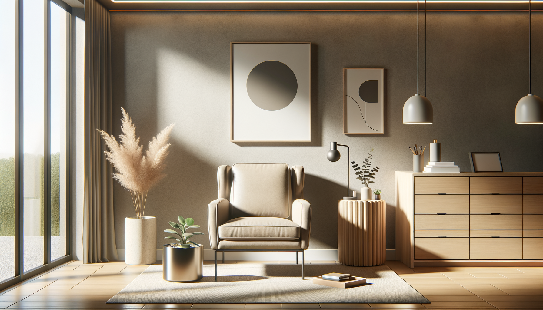 A living room with a chair , dresser , and a large window.