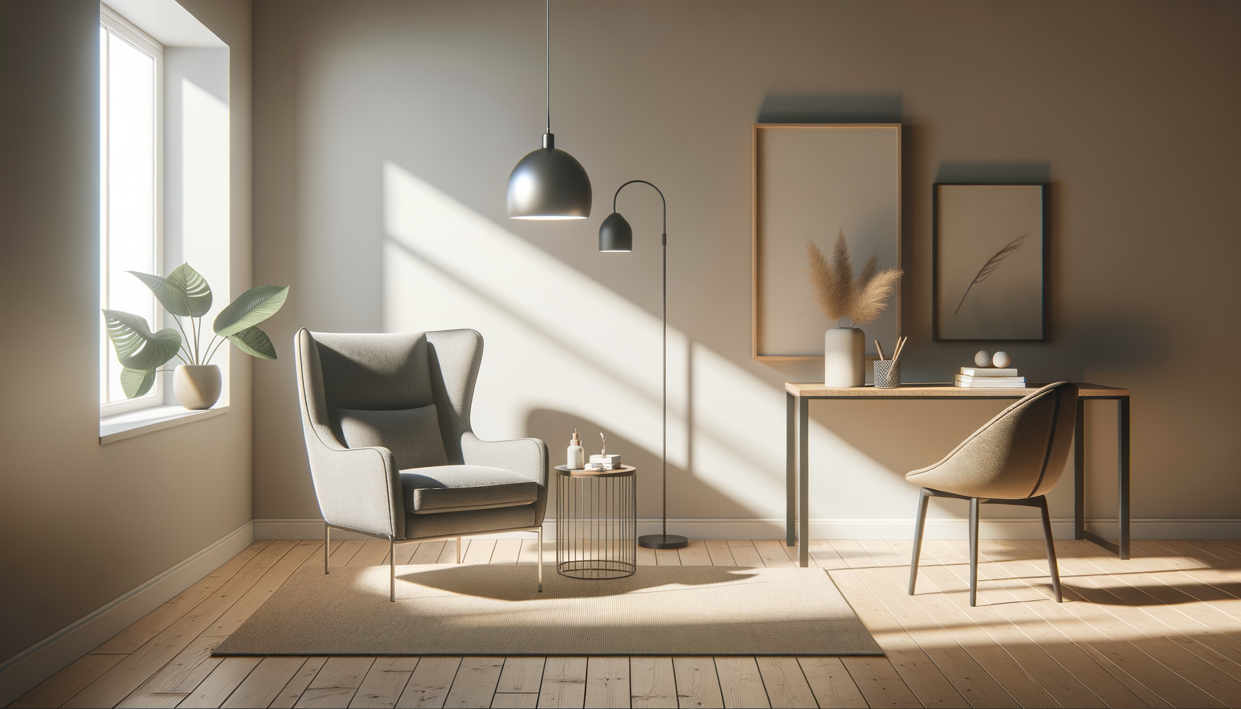 A living room with a chair , desk , table and lamp.