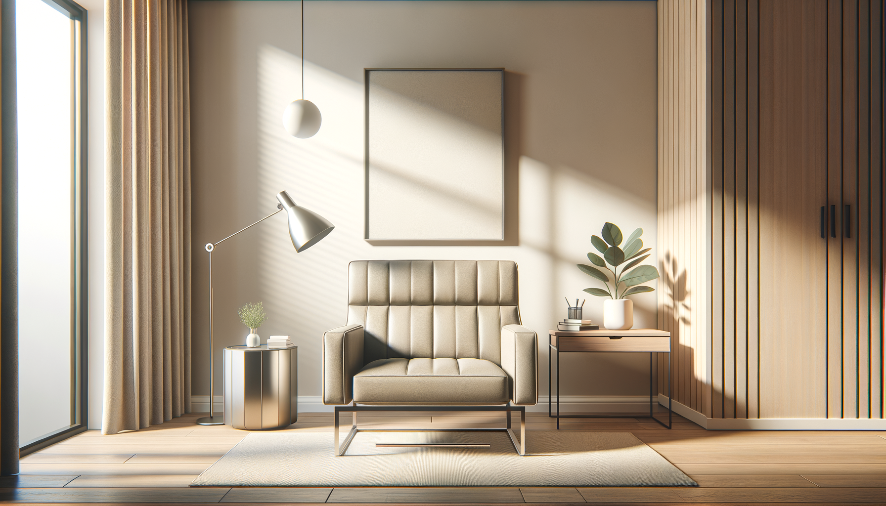 A living room with a chair , table , lamp and a picture on the wall.