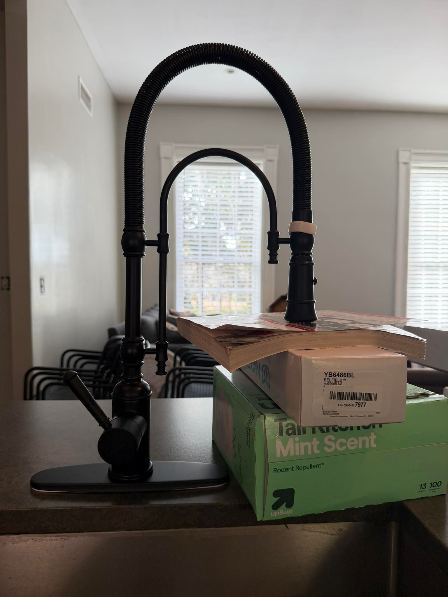 Kitchen sink with a black spring faucet and cardboard boxes stacked in front of a window.