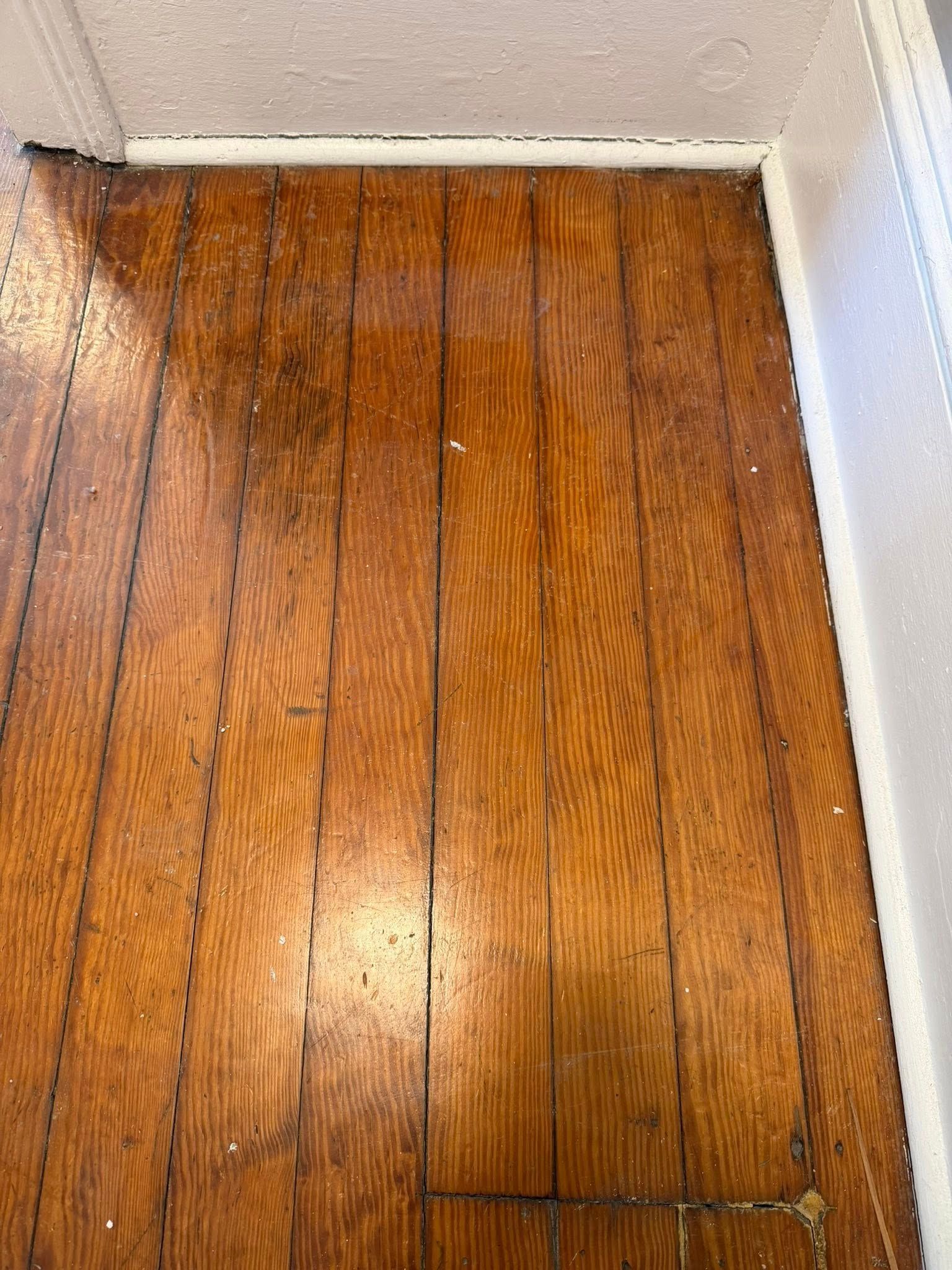 Wood-look vinyl flooring meeting white walls in a corner, with a visible seam and bright reflection.