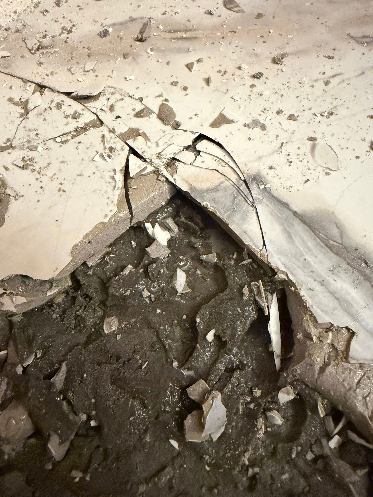 Cracked plaster ceiling with a large hole exposing debris and damaged material underneath