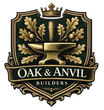 Oak and Anvil Builders logo with gold anvil, oak leaves, and crown on dark background