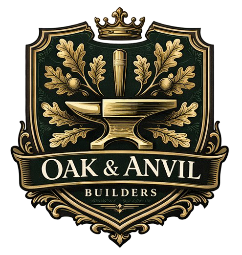 Oak and Anvil Builders logo with gold anvil, oak leaves, and crown on dark background
