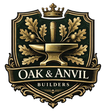 Oak and Anvil Builders logo with gold anvil, oak leaves, and crown on dark background