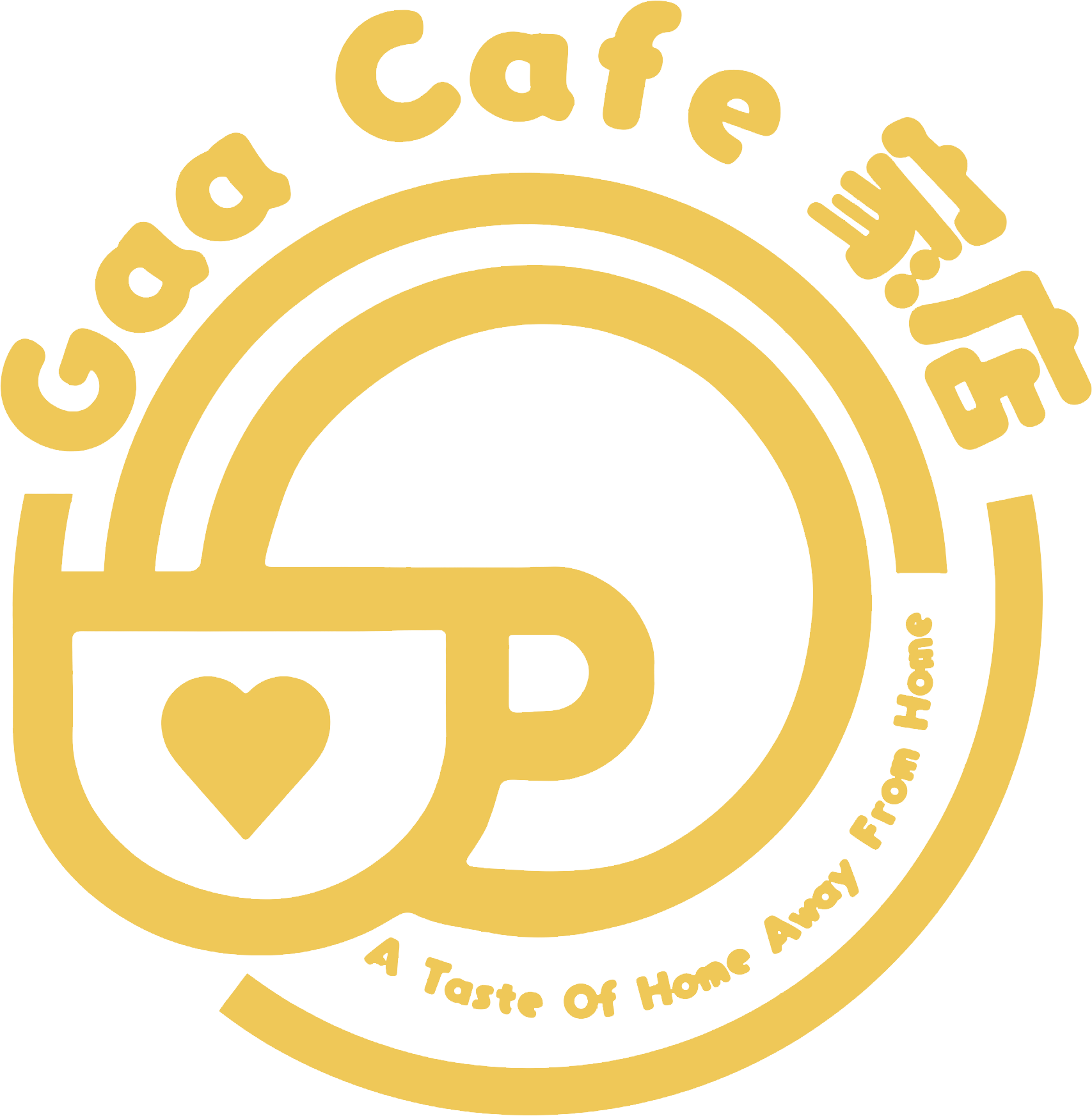 Red coffee shop logo with a steaming cup, heart icon, and circular text reading “Caa Cafe” and “A Taste of Home Away From Home”
