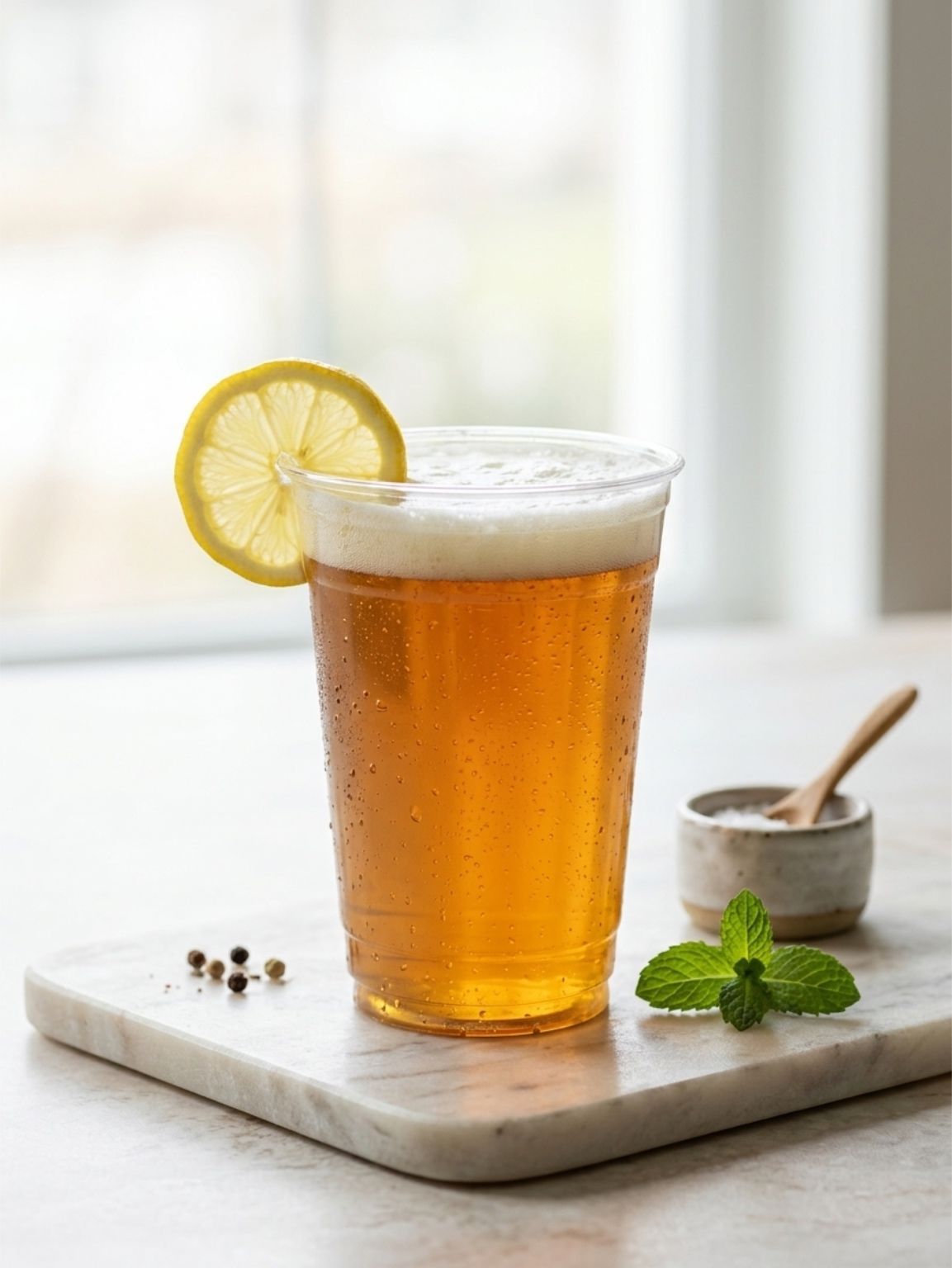 Iced amber tea in a glass with lemon slice on a marble board, beside mint and a small bowl.