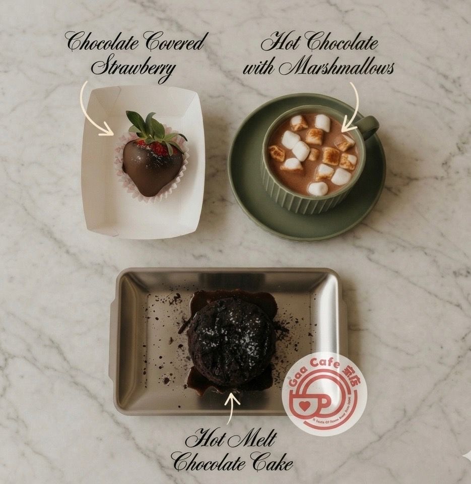 Three desserts labeled chocolate covered strawberry, hot chocolate with marshmallows, and hot melted chocolate cake