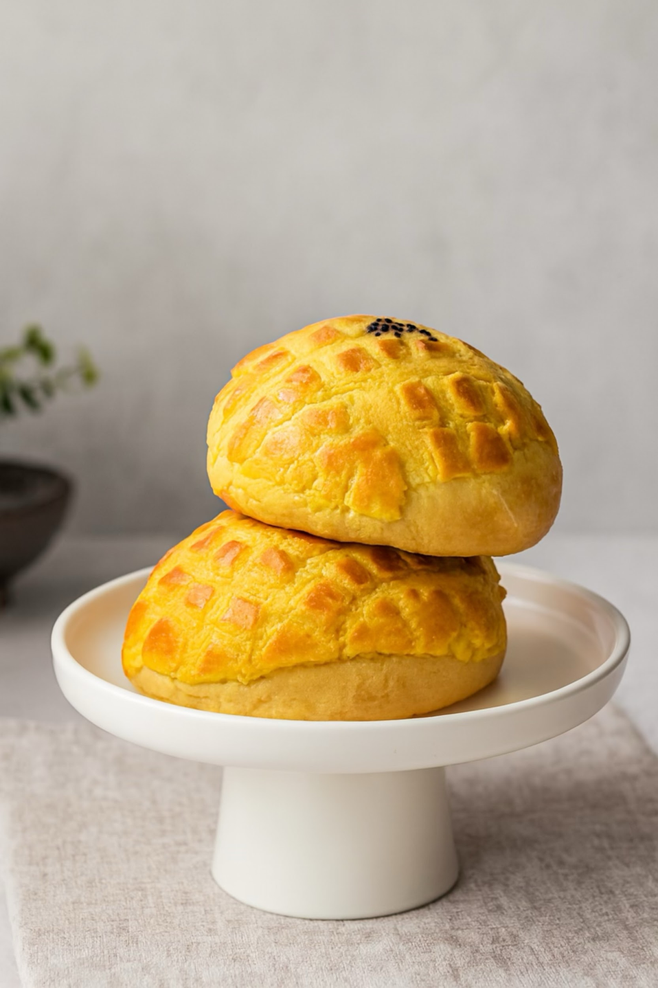Two golden pastries stacked on a white pedestal plate against a gray background