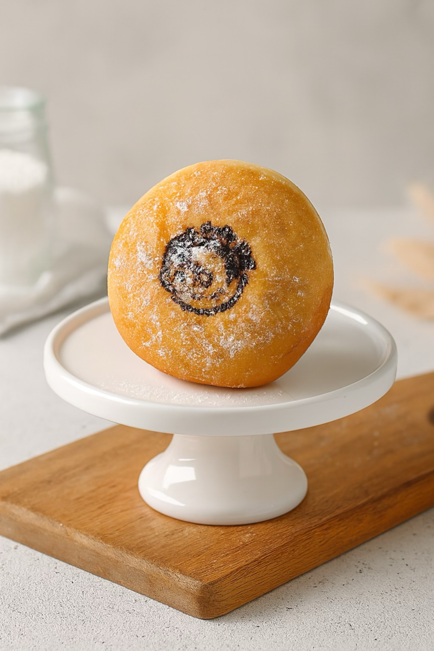 Plain doughnut on a white pedestal stand on a wooden board, dusted with sugar.