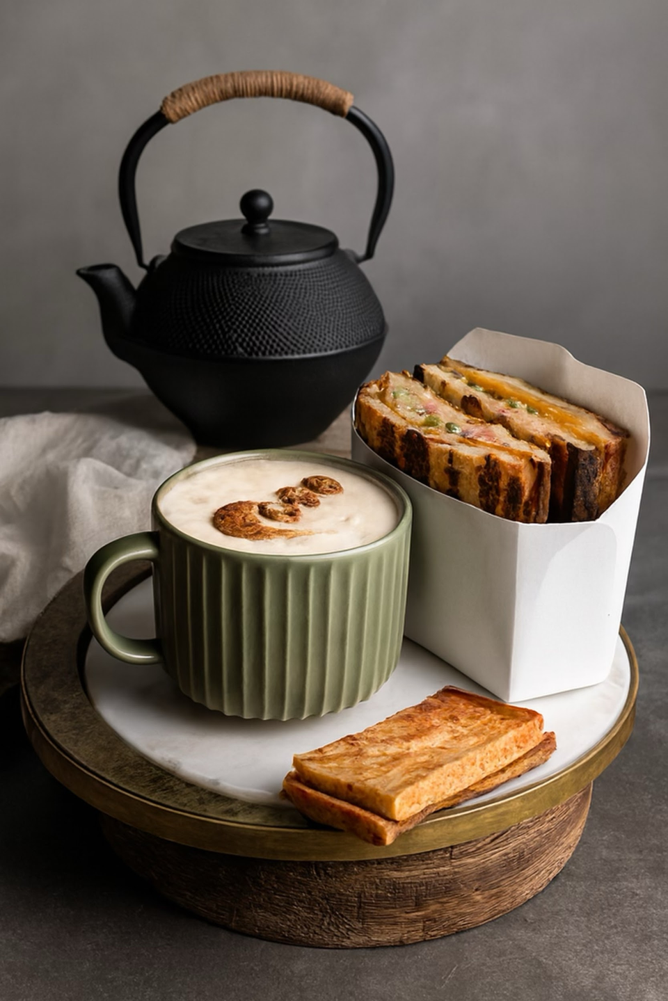Tea set with black teapot, green cup, sliced cake, and biscuit on a tray