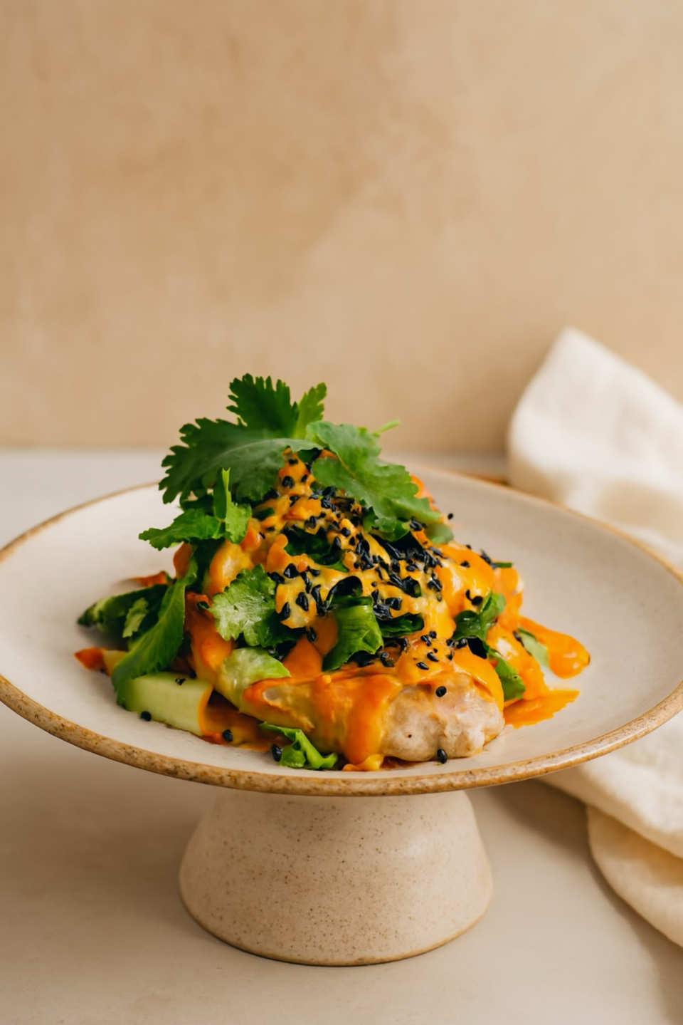 Gourmet plated fish topped with herbs and sauce on a pedestal plate