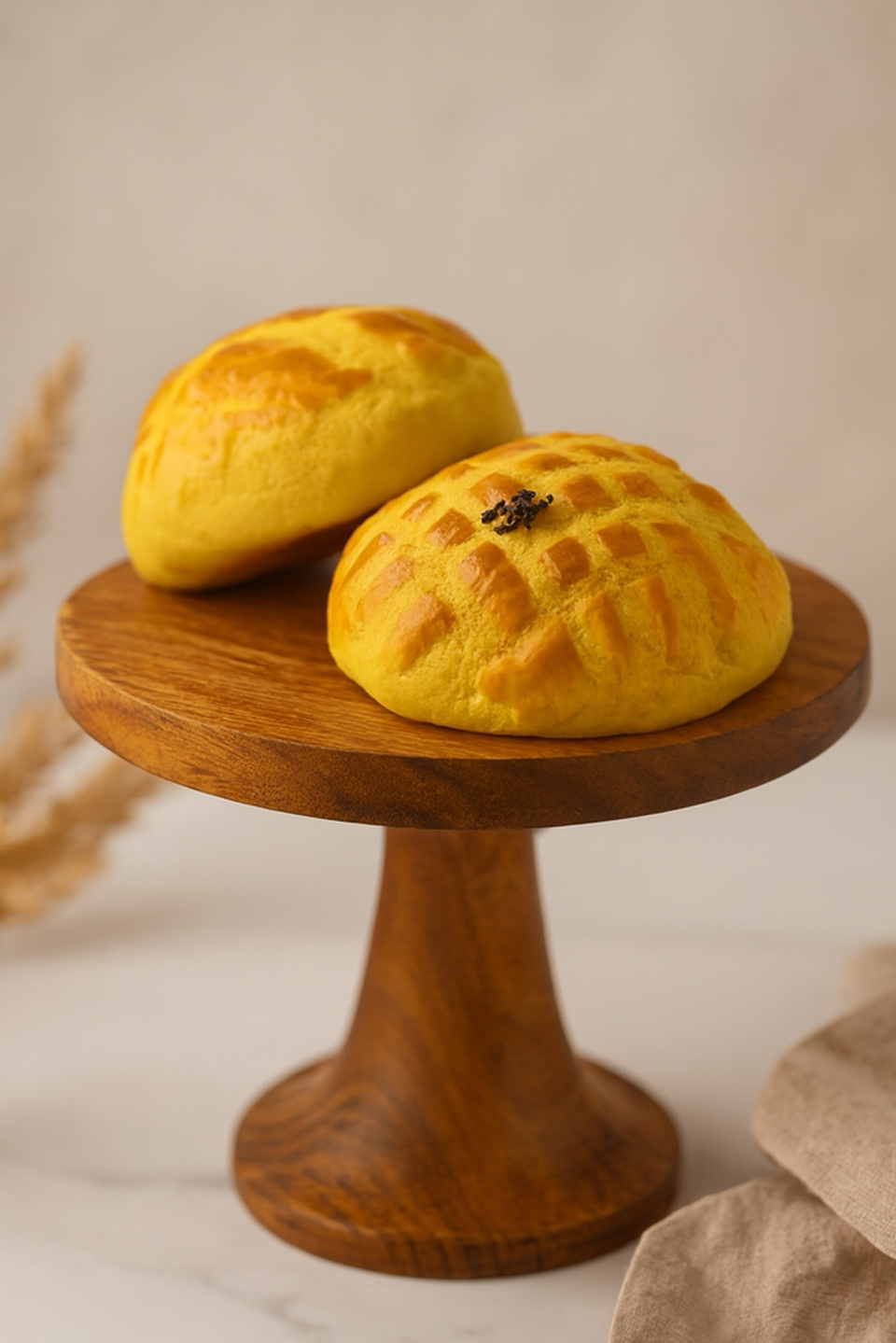 Two yellow baked buns on a wooden pedestal stand against a beige background