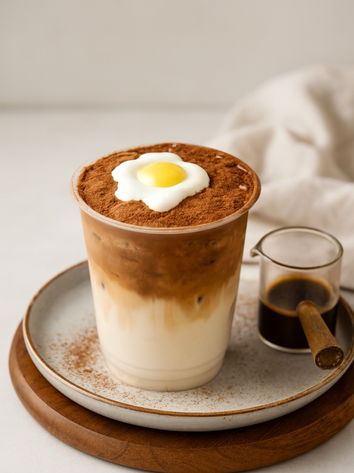 Iced coffee with foam and cinnamon, topped with a mini fried egg, on a tray beside a small glass of syrup.