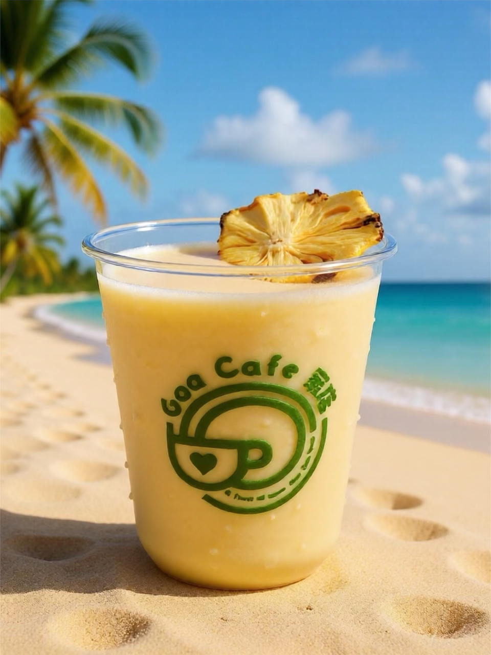 Iced coffee in a clear cup with pineapple garnish on a beach, with palm trees and ocean in the background