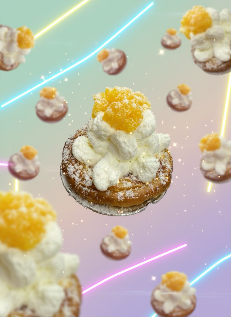 Mini donut topped with whipped cream and orange crumbles, floating among smaller pastries on a pastel background
