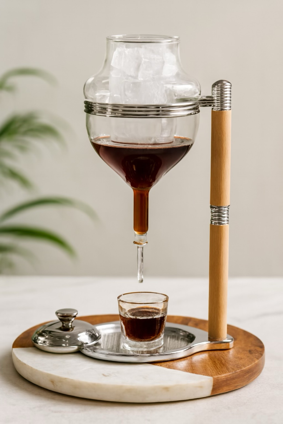 Coffee brewing in a glass dripper over a small cup on a wooden tray with ice on top.