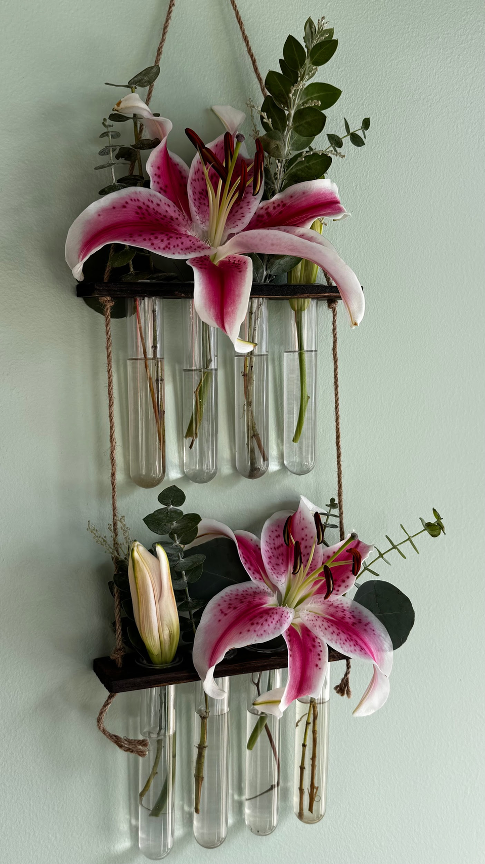Wall-mounted floral display with pink lilies and glass tube vases