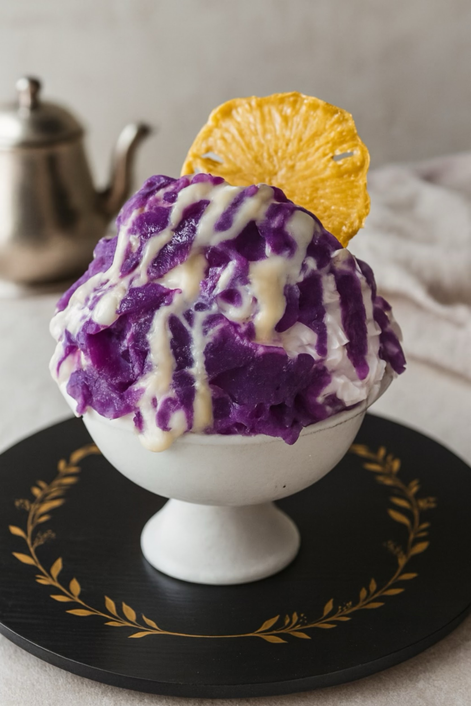 Purple shaved ice topped with condensed milk and a dried orange slice in a white bowl on a black plate