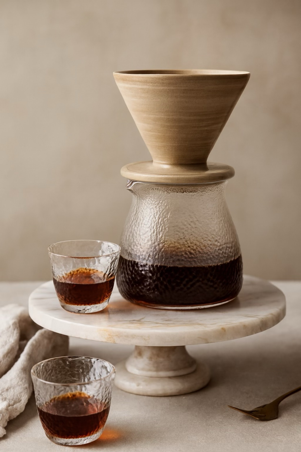 Pour-over coffee setup with glass dripper, cup, and carafe on a pedestal stand