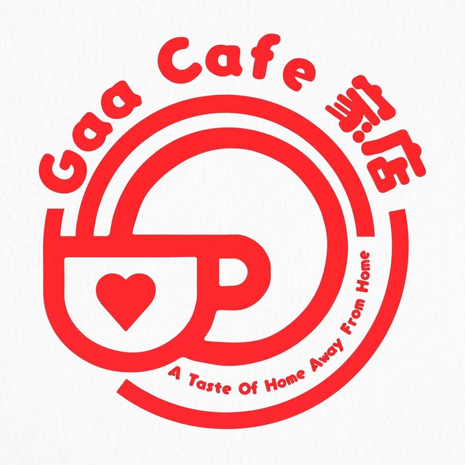 Red Gaa Cafe logo with steaming cup, heart icon, and circular text “A Taste of Home Away From Home”