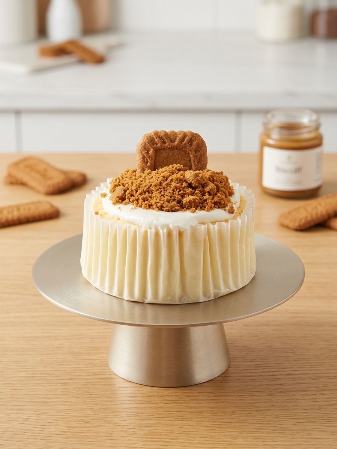 Vanilla cake topped with cookie crumb crumble on a pedestal stand, with cookies and a jar in the background