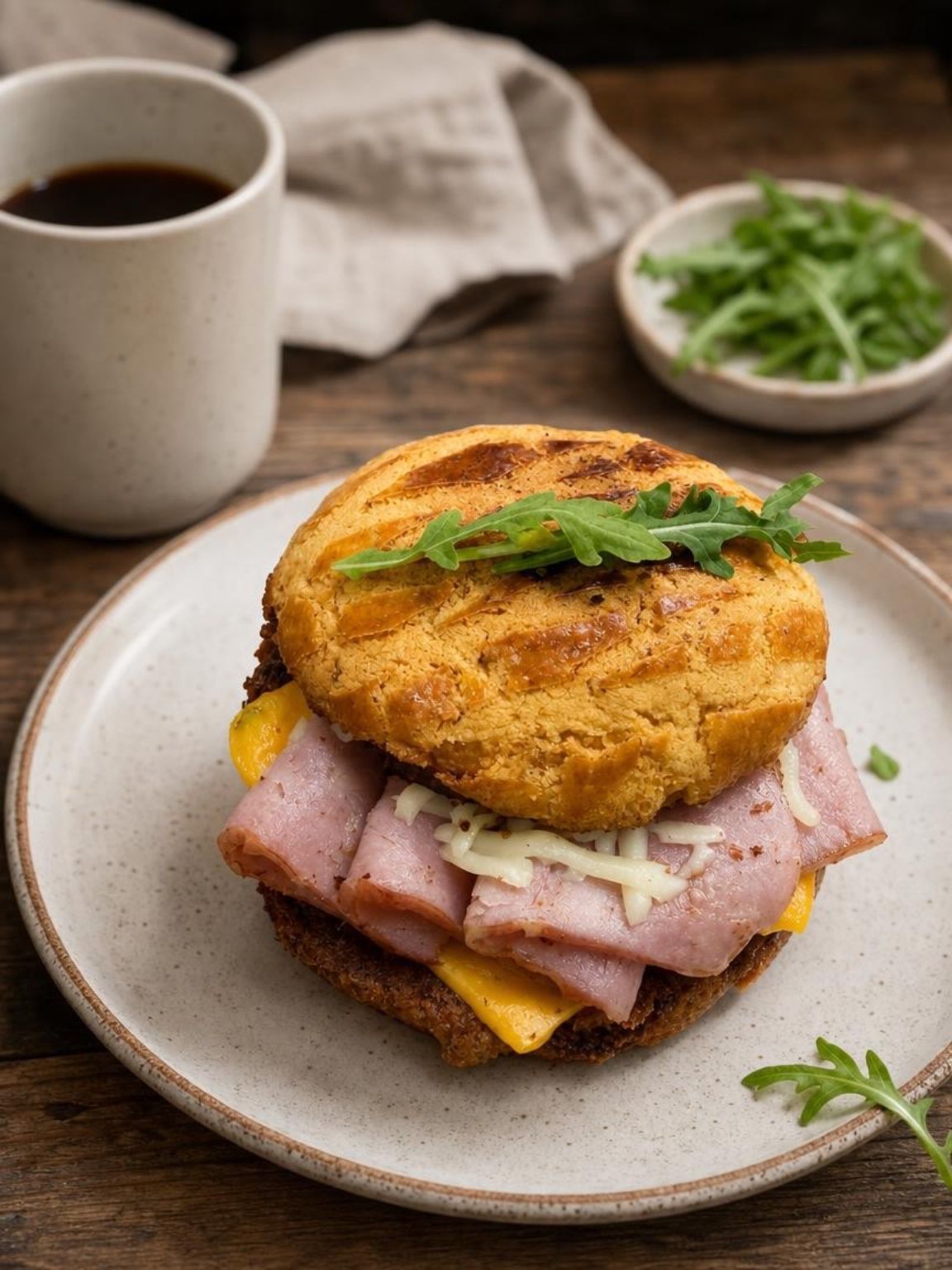 Breakfast sandwich with ham, egg, and greens on a plate beside a cup of coffee