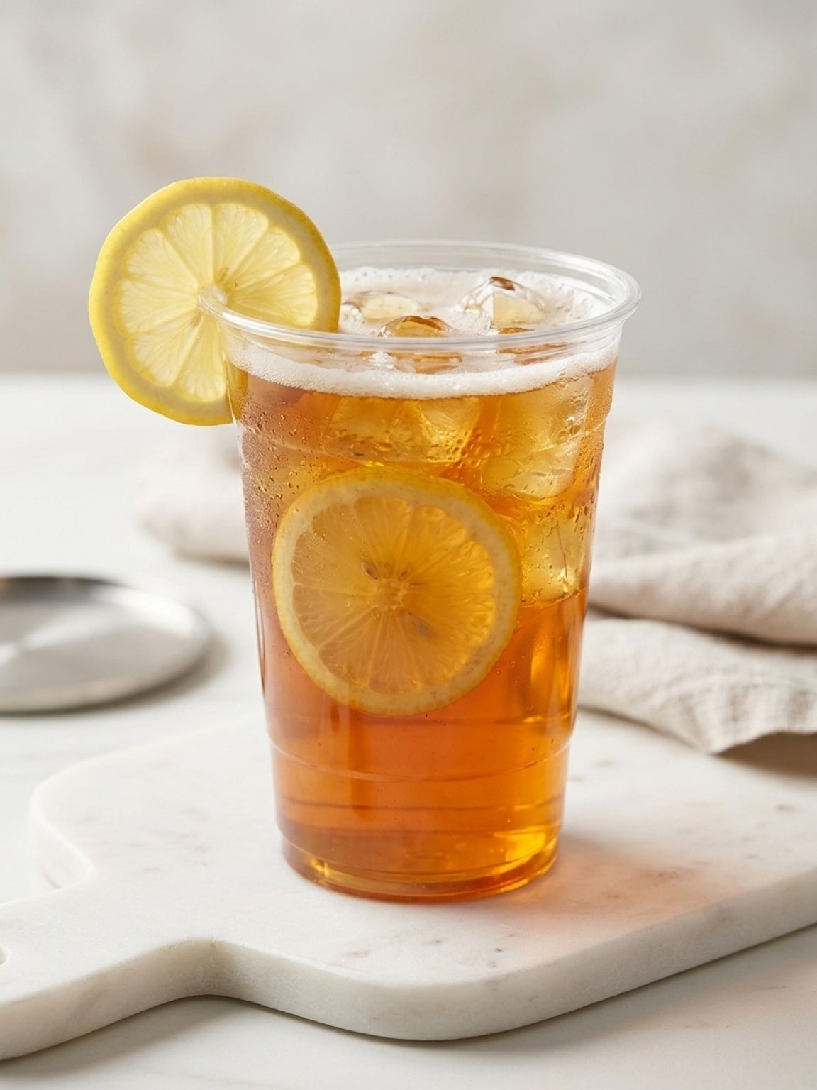 Iced amber drink in a clear cup with lemon slices on a marble countertop