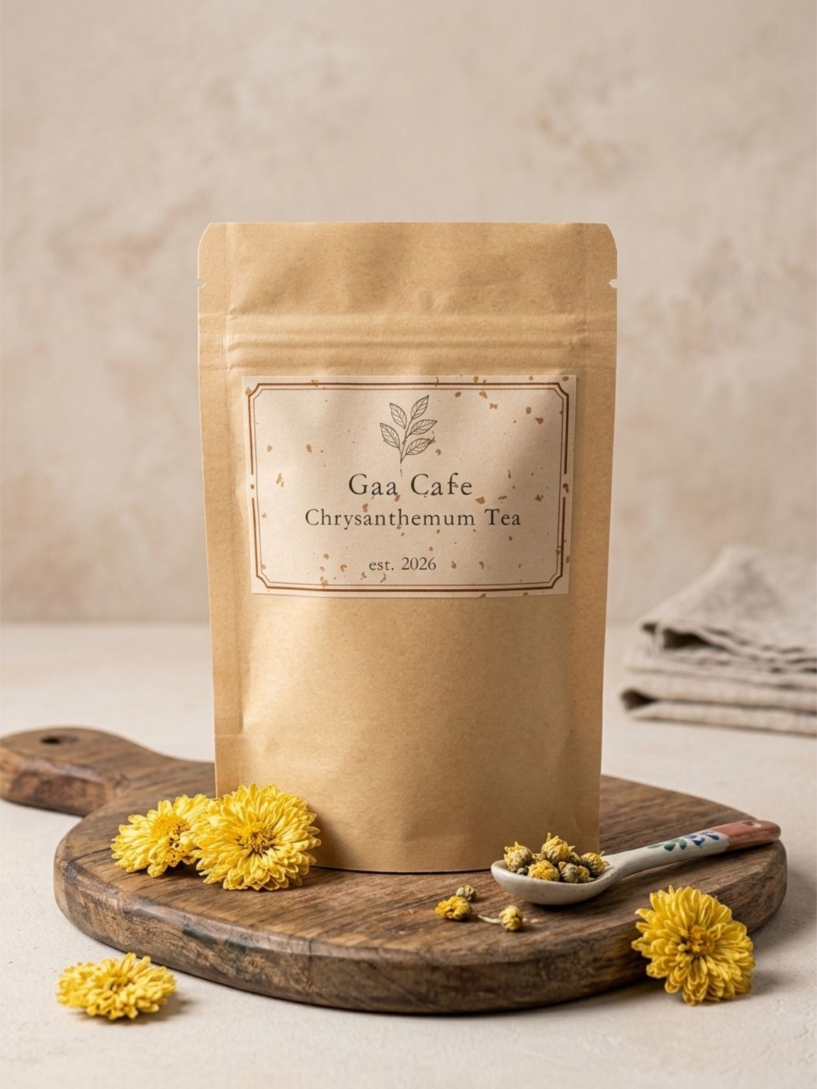 Kraft coffee pouch on a wooden tray, surrounded by yellow flowers in a soft beige setting