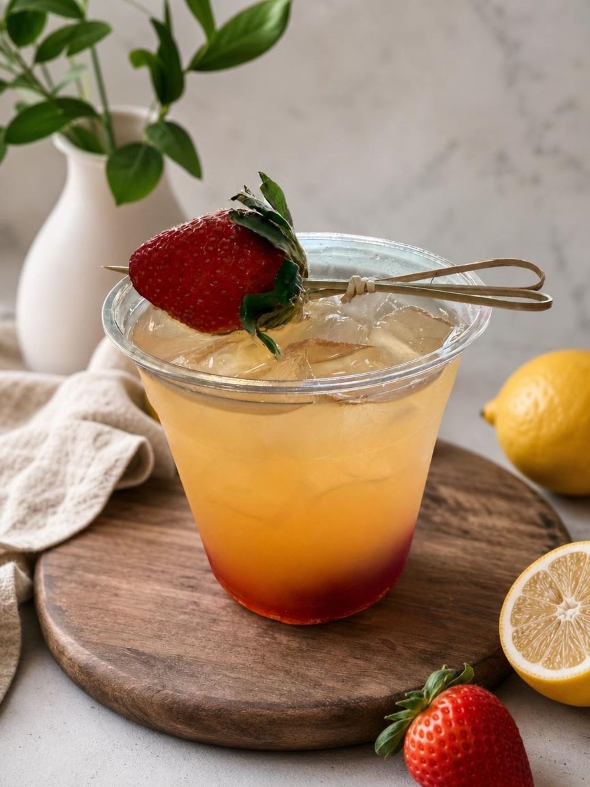 Iced strawberry lemon drink in a glass, garnished with a strawberry and lemon slices on a wooden tray