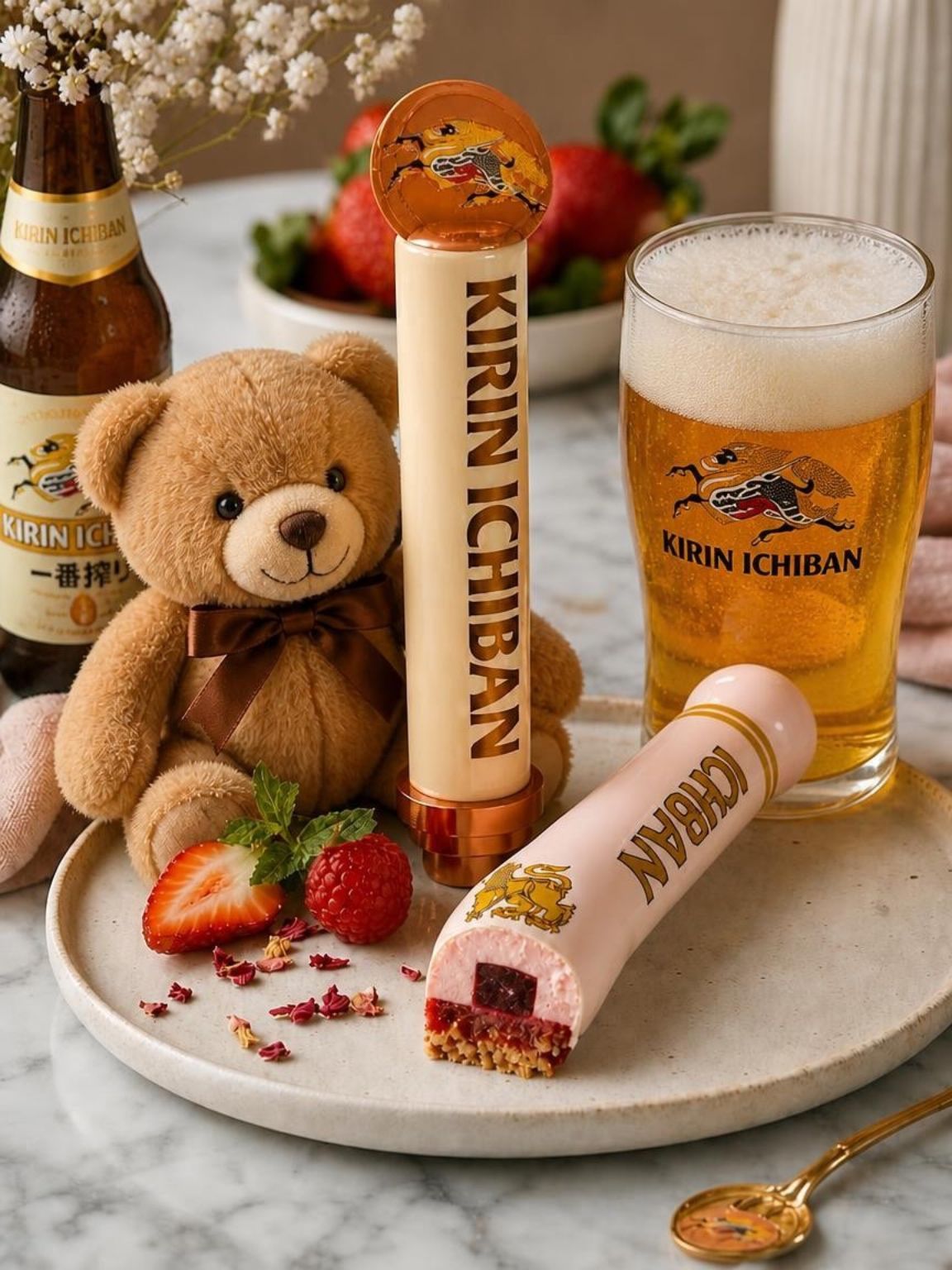 Bear-themed dessert display with beer glasses, strawberries, and KIRIN ICHIBAN treats on a plate