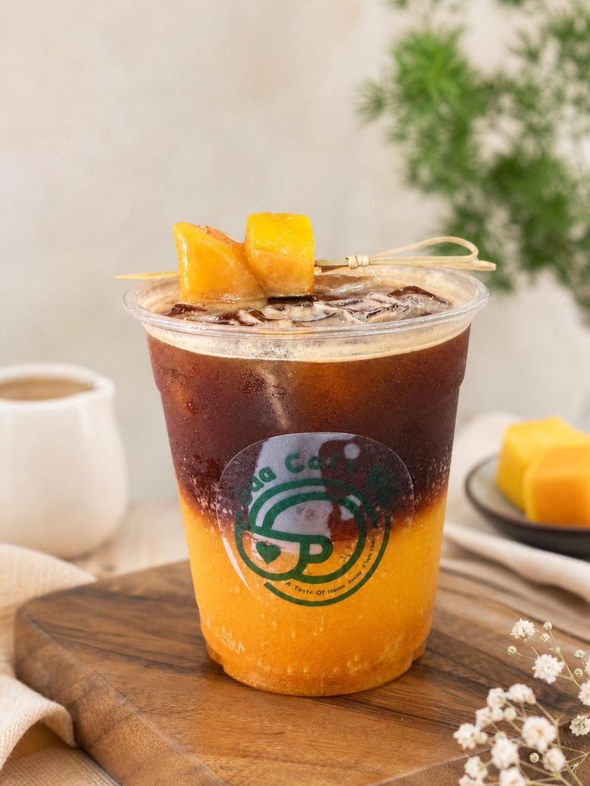 Iced layered mango and coffee drink in a clear cup on a wooden board with fruit garnish