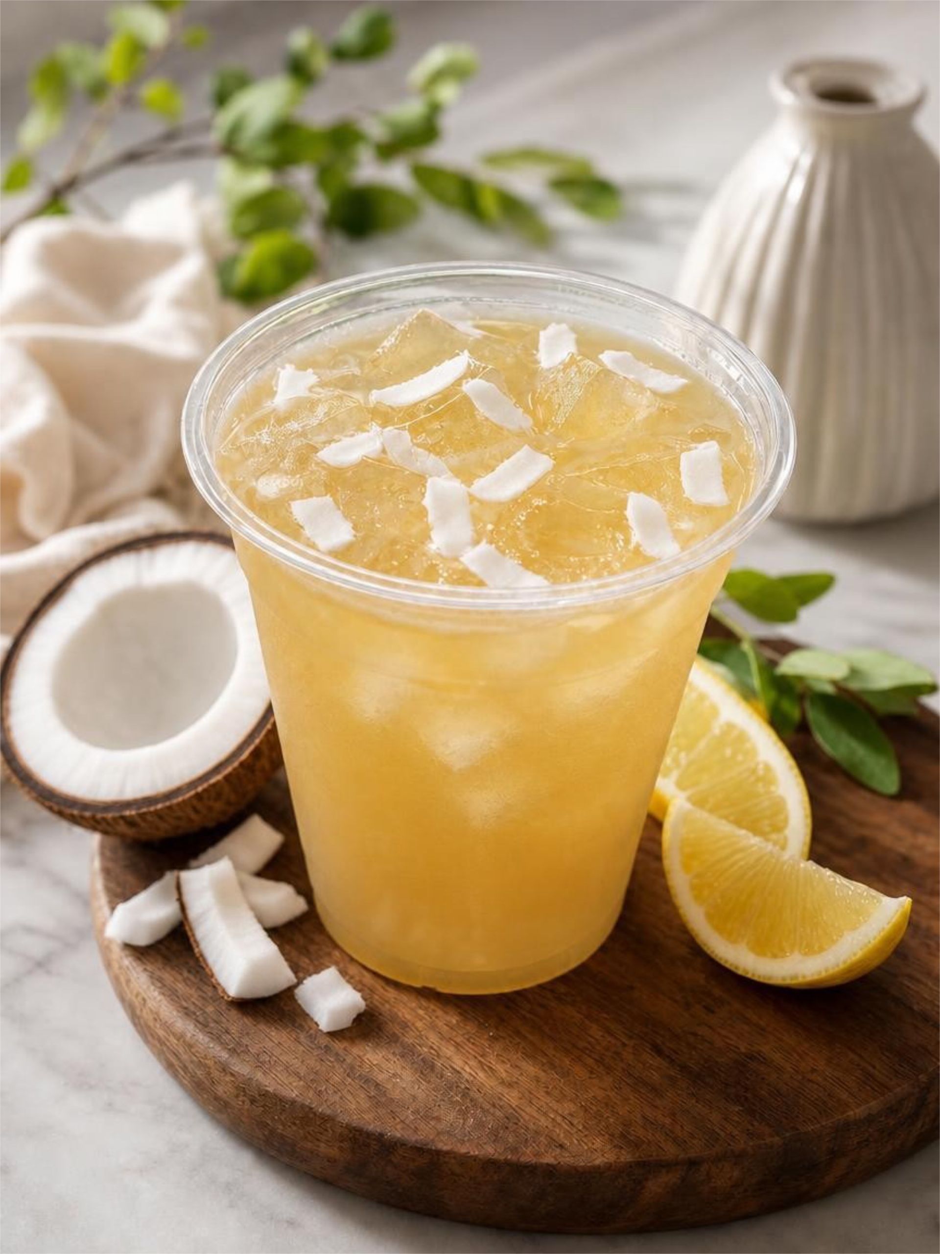 Iced lemon drink with coconut pieces on a wooden board, with a halved coconut and lemon wedges nearby