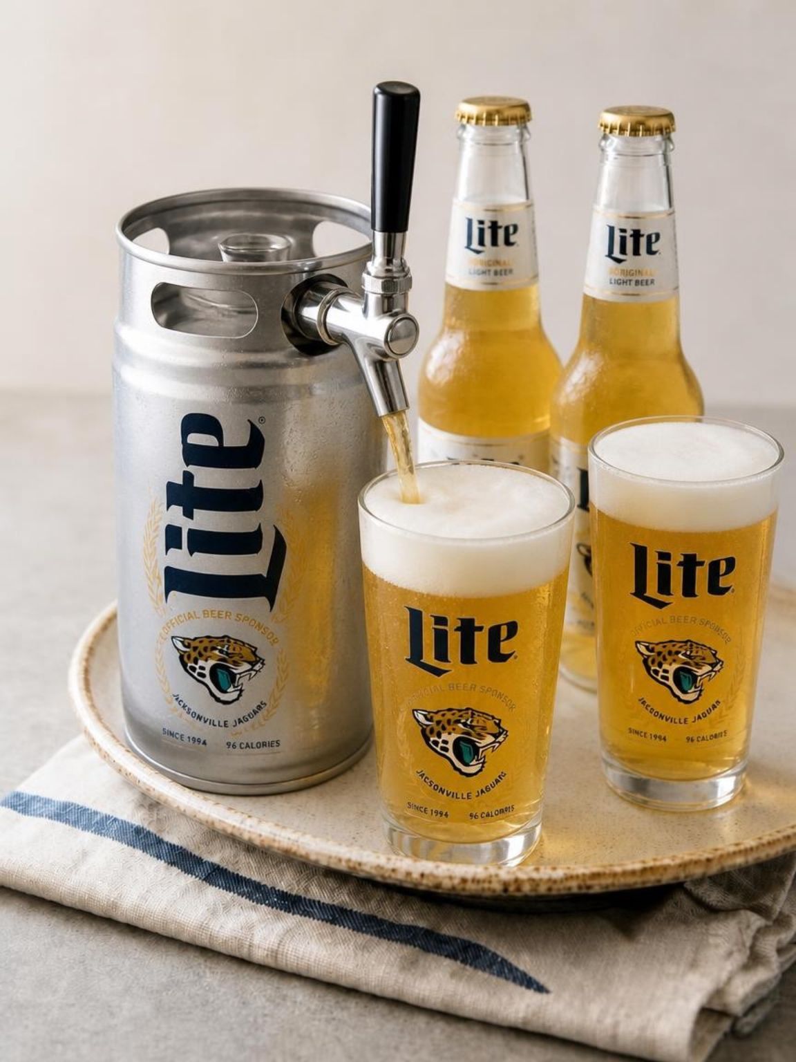 Three cold Lite beers in cans and glasses on a napkin, with a bottle opener on a silver can.
