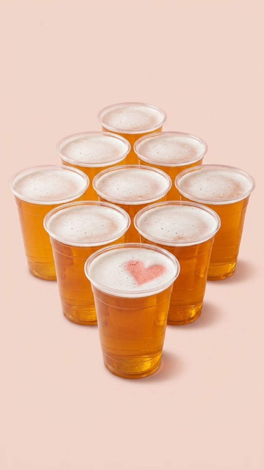 Seven amber beers in plastic cups arranged in a triangle on a pale pink background