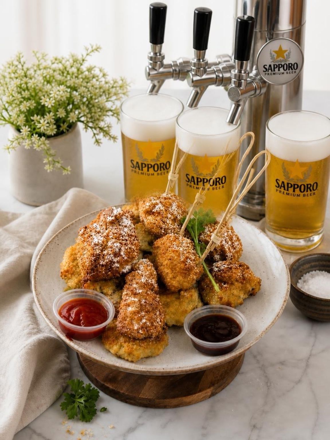 Sapporo beer flight with fried chicken, dipping sauces, and beer taps on a wooden table