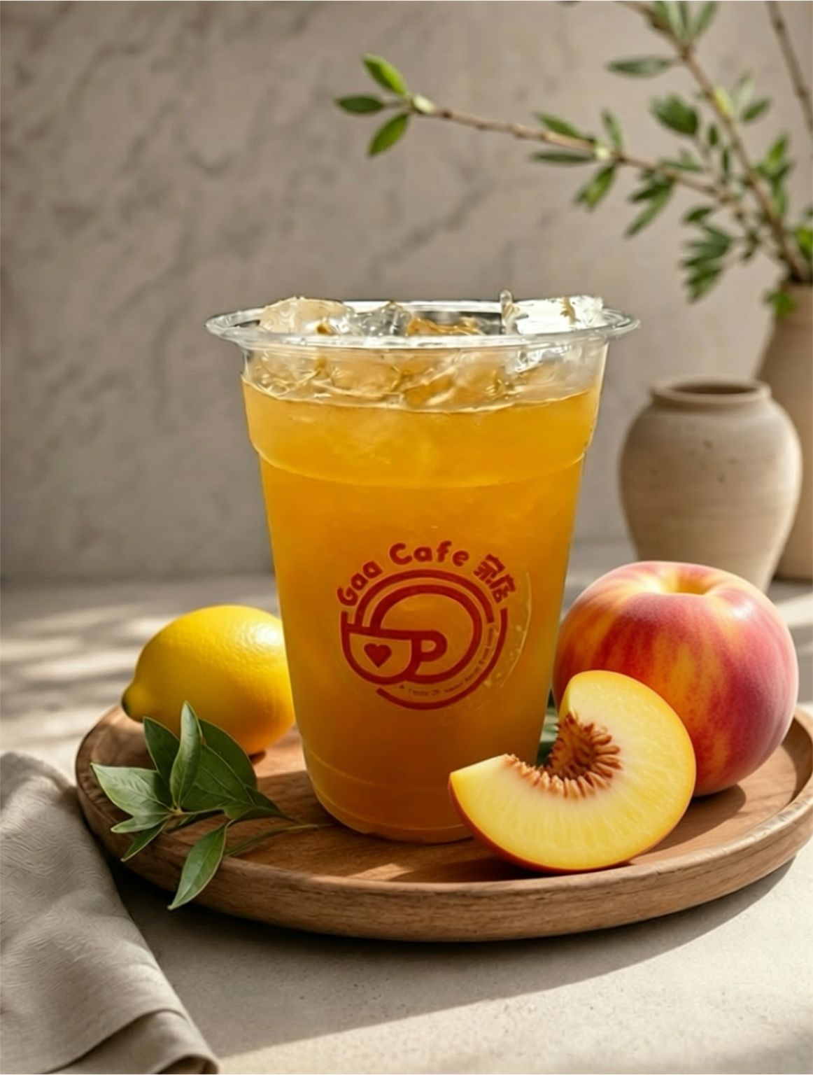 Iced peach tea in a clear cup with peaches and lemon on a wooden tray