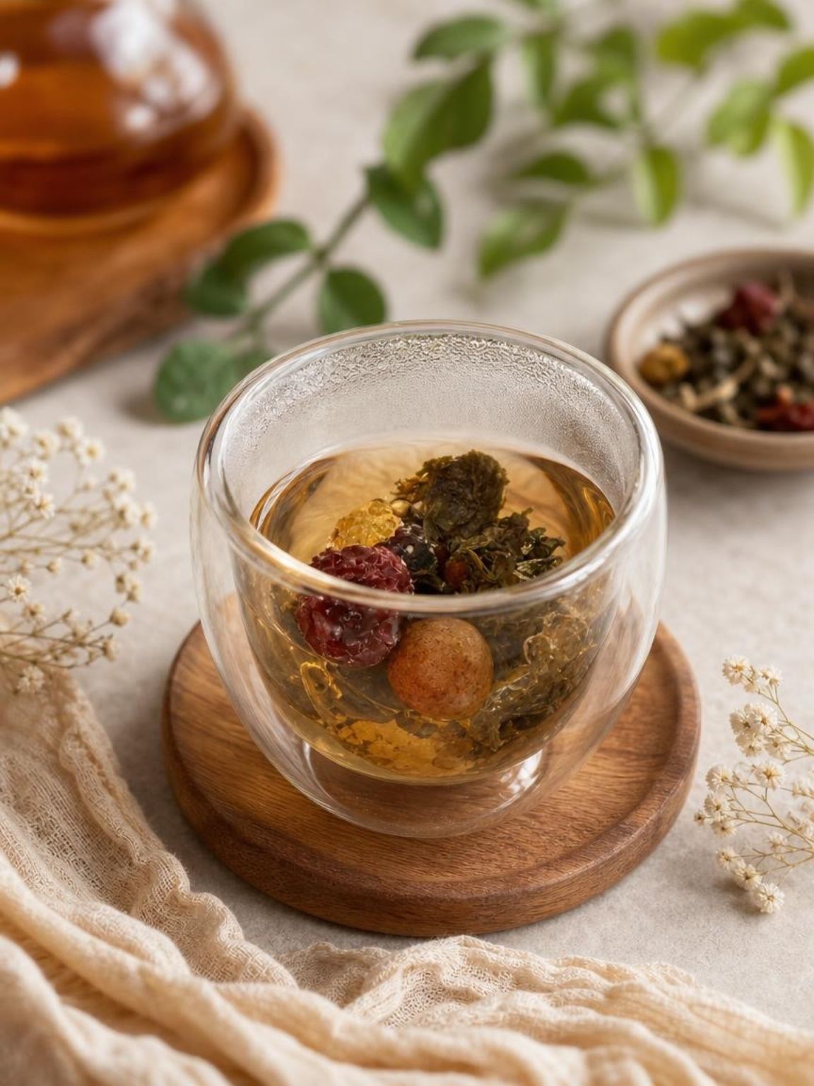 Glass cup of herbal tea on a wooden coaster, with dried flowers and herbs on a soft cream cloth.
