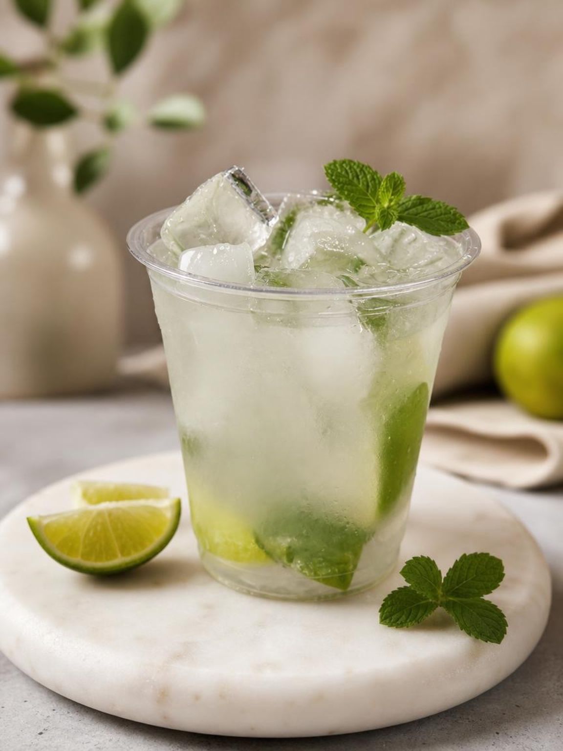 Icy lime mint drink in a clear cup on a marble tray with lime wedges and mint leaves