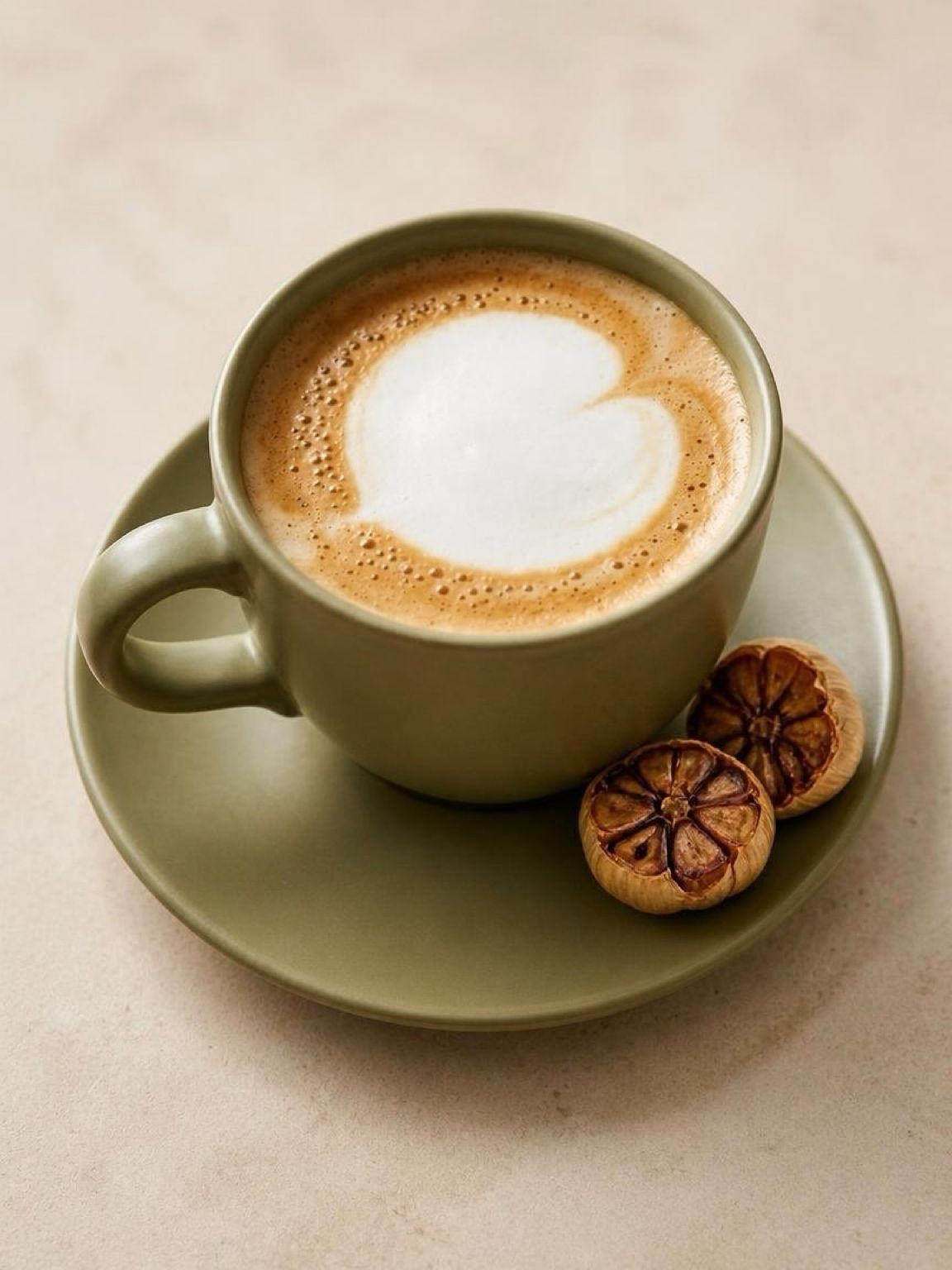 Green coffee cup with latte art on a matching saucer, beside two cinnamon cookies on a beige surface
