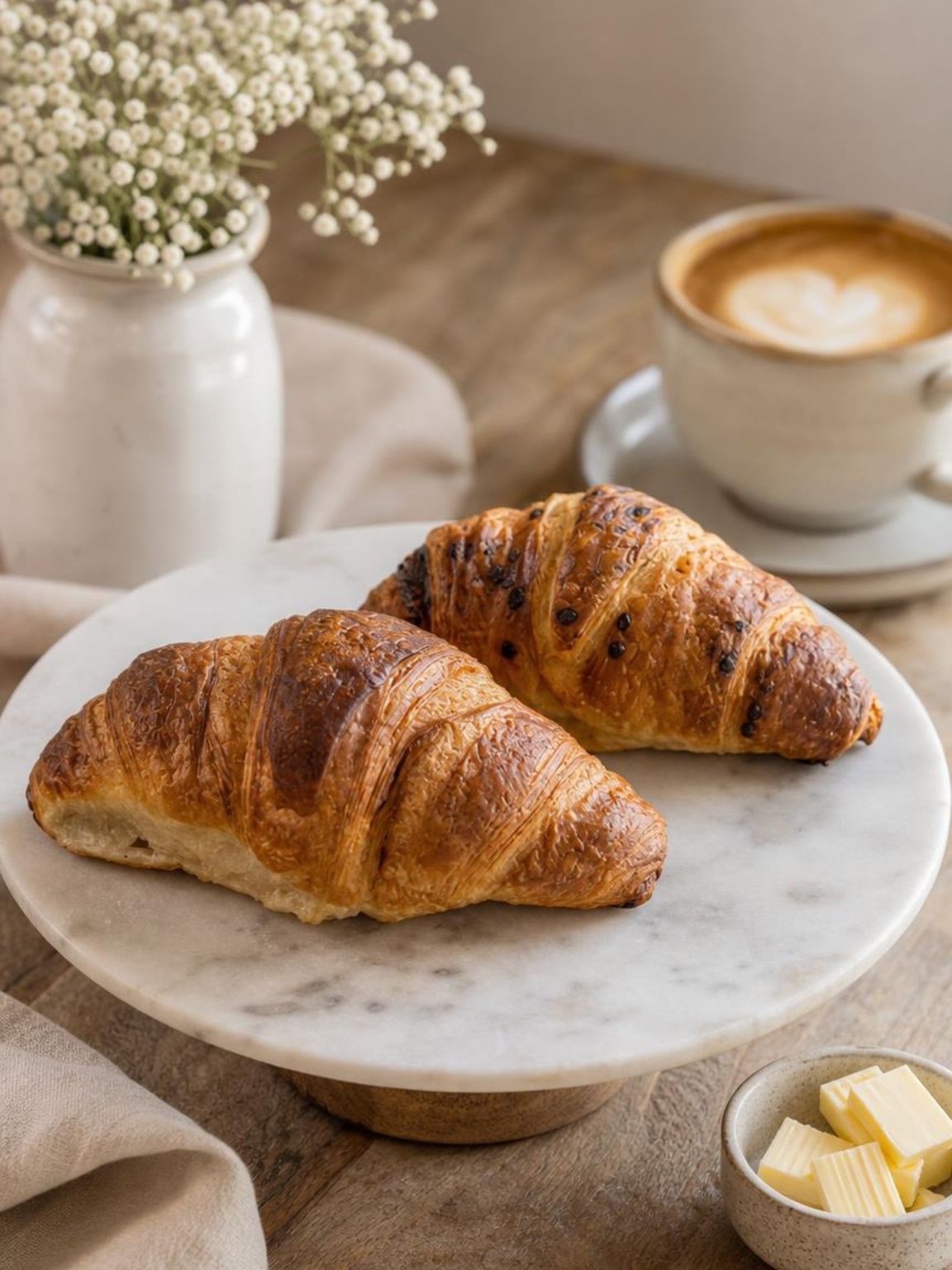 Two croissants on a marble plate with coffee and butter on a wooden table