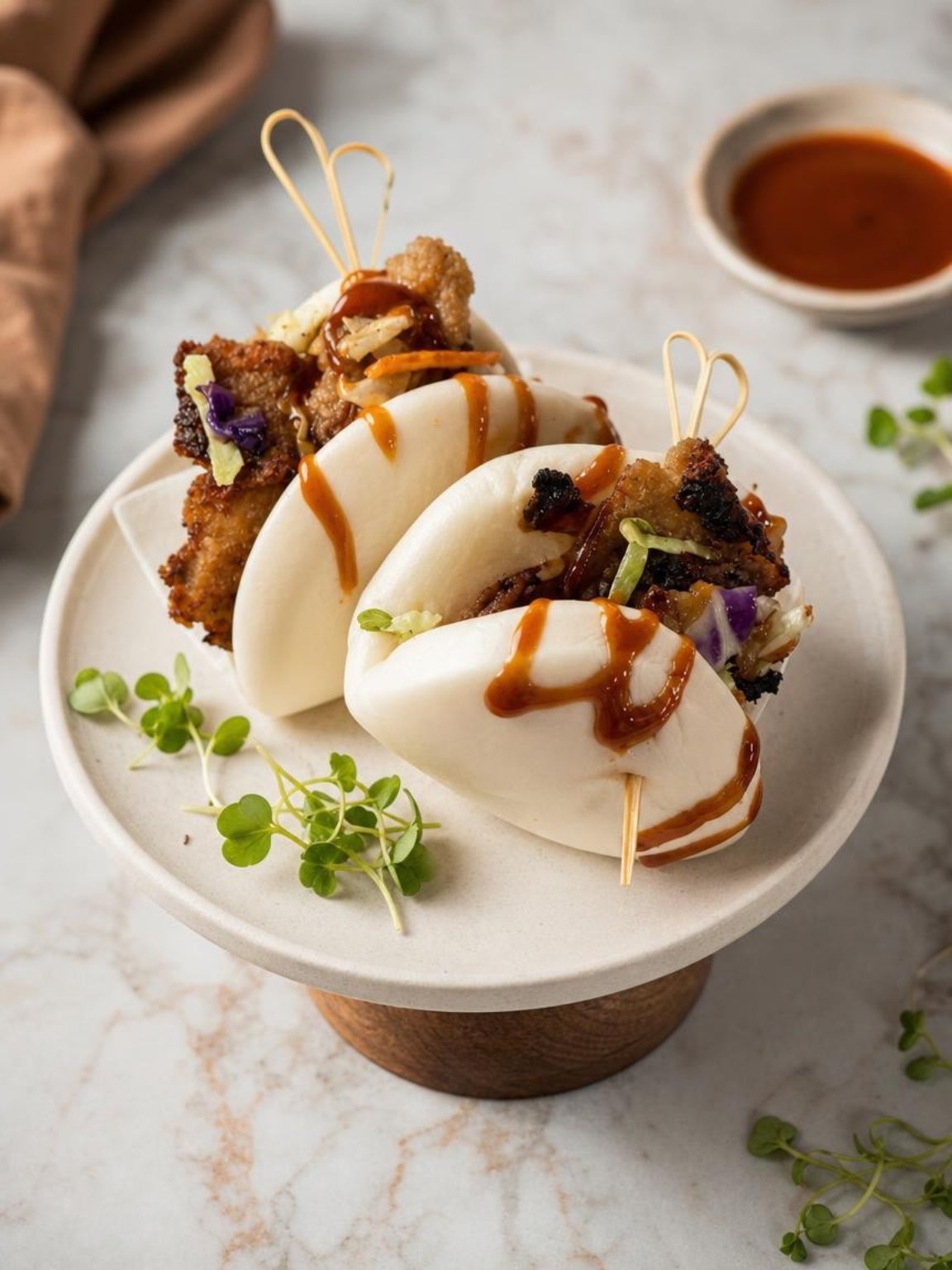Dessert plate with soft white buns, caramel drizzle, and skewered fried filling on a marble table