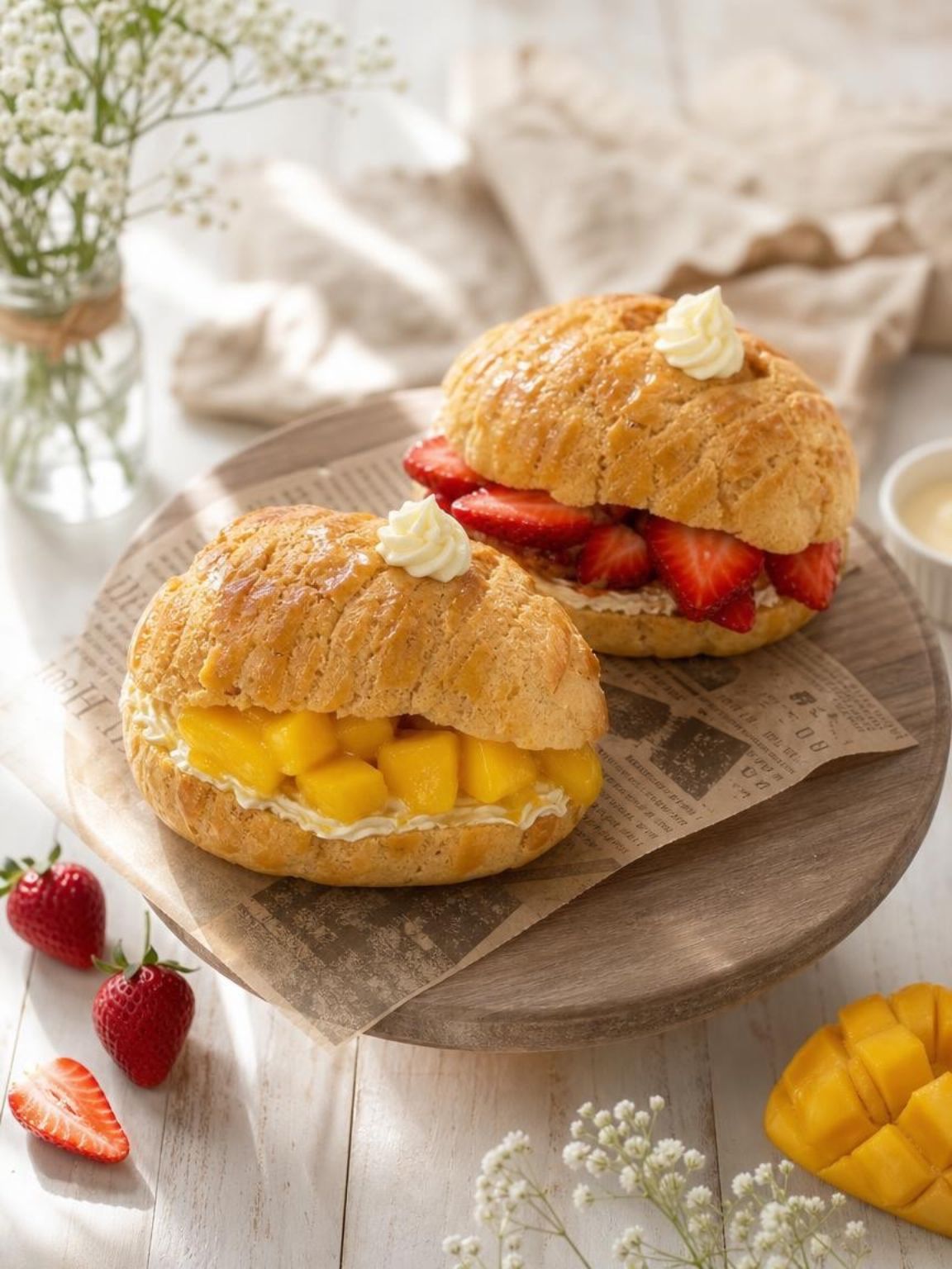 Three cream-filled fruit pastry buns on a wooden board, dusted with sugar and topped with whipped cream