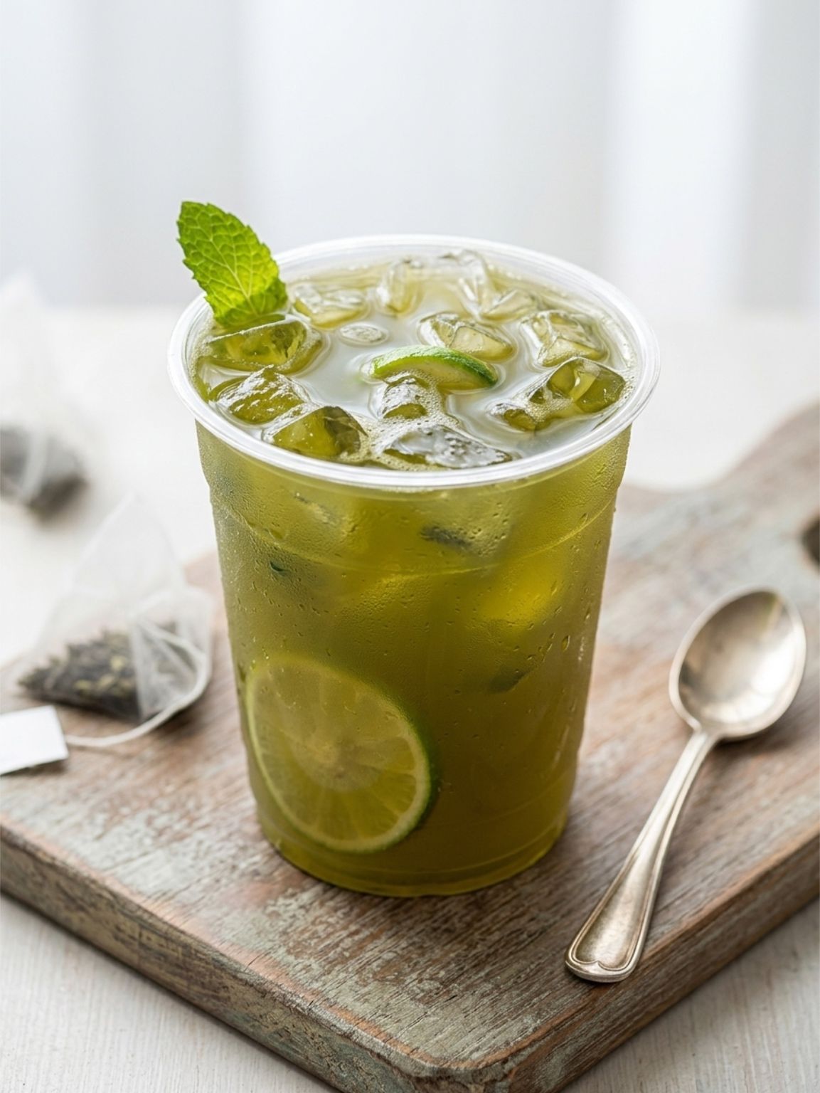Green iced mint drink with lime slices in a clear glass on a wooden tray with a spoon